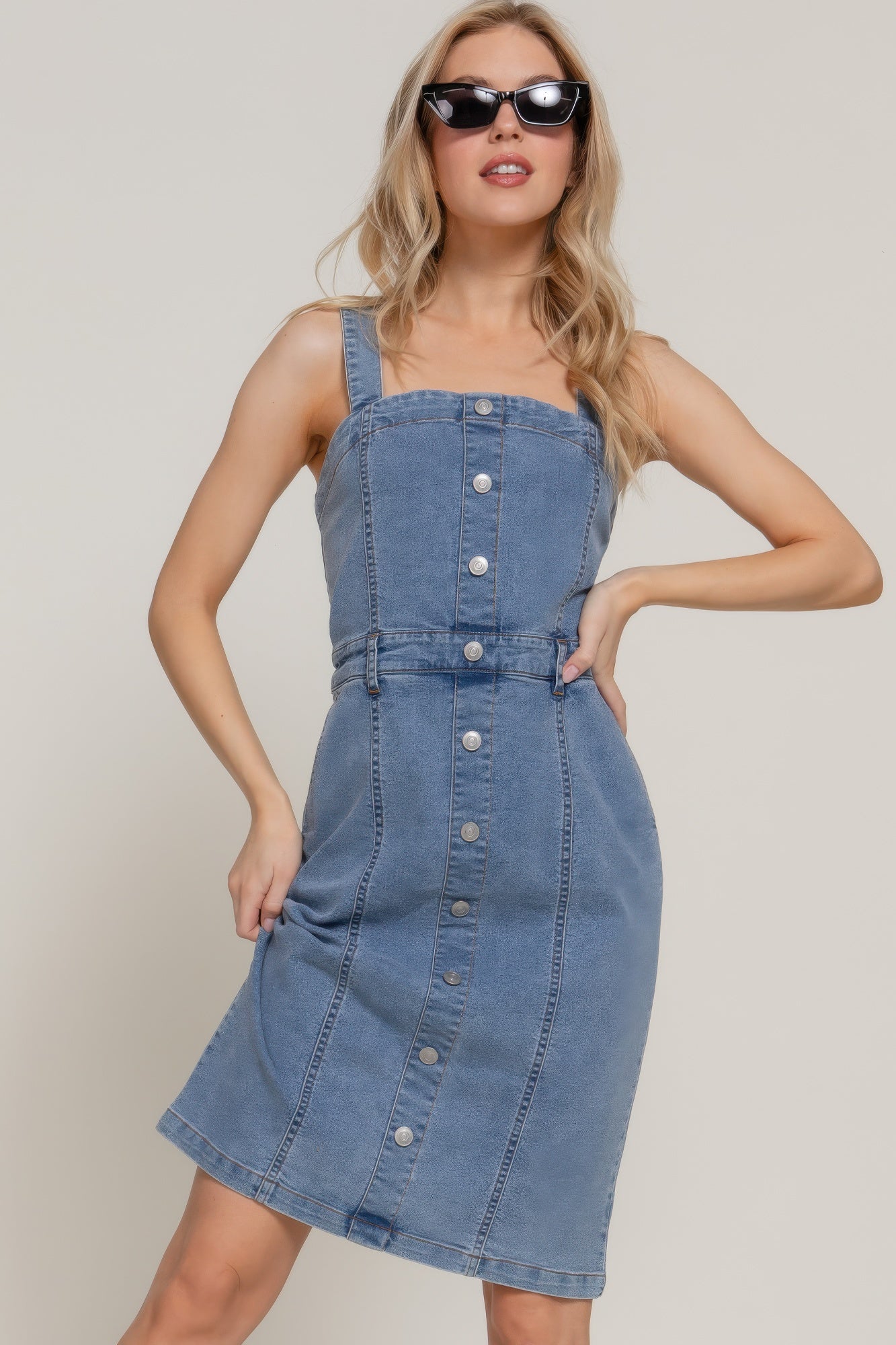 Button Down Placket Stretch Denim Dress L Midi Dresses