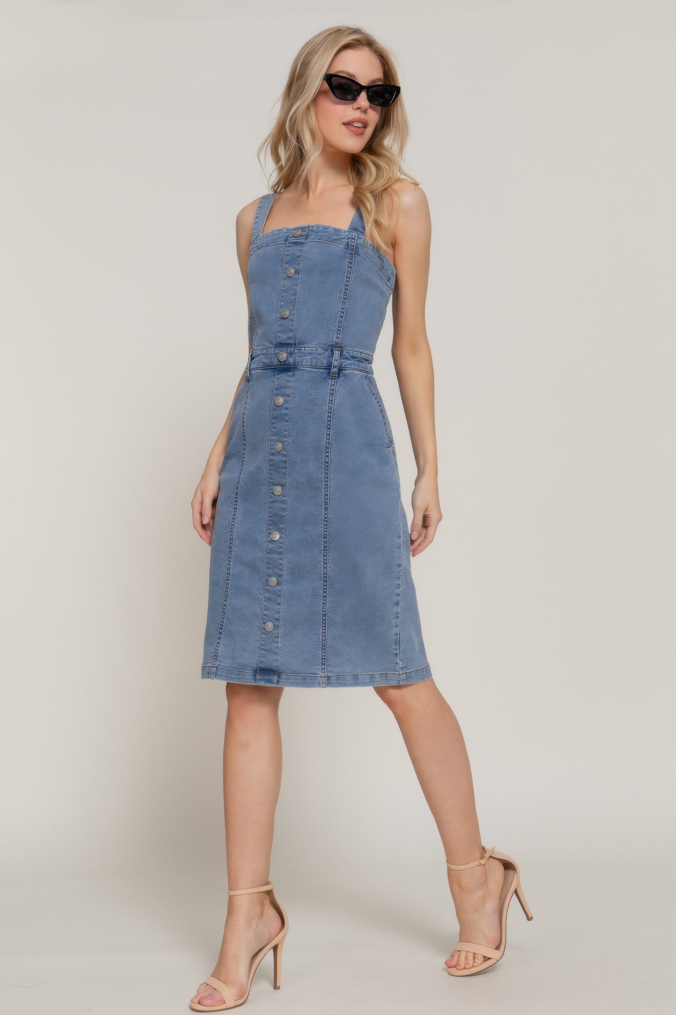 Button Down Placket Stretch Denim Dress Midi Dresses