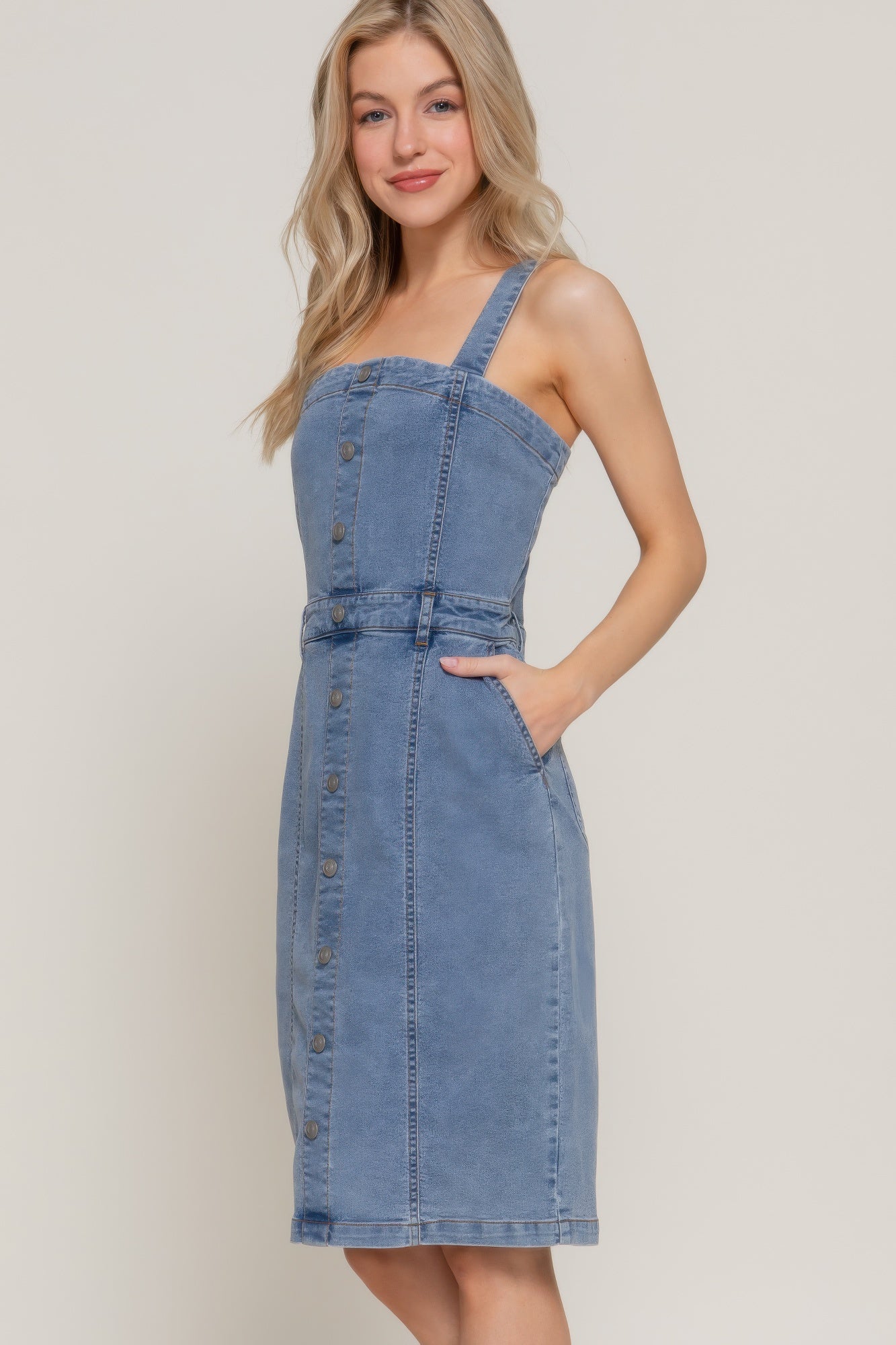 Button Down Placket Stretch Denim Dress Midi Dresses