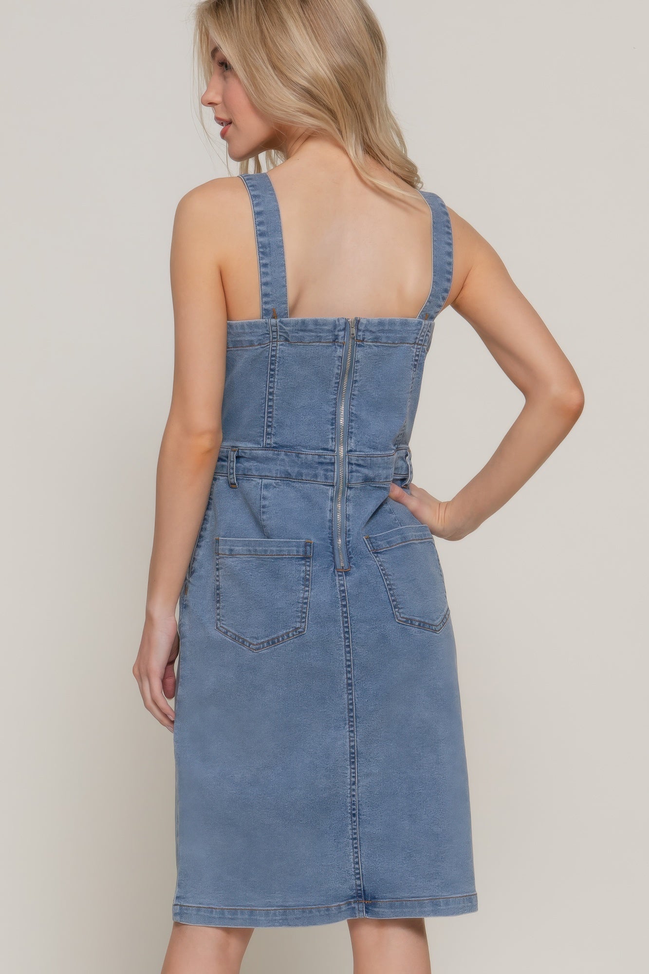 Button Down Placket Stretch Denim Dress Midi Dresses