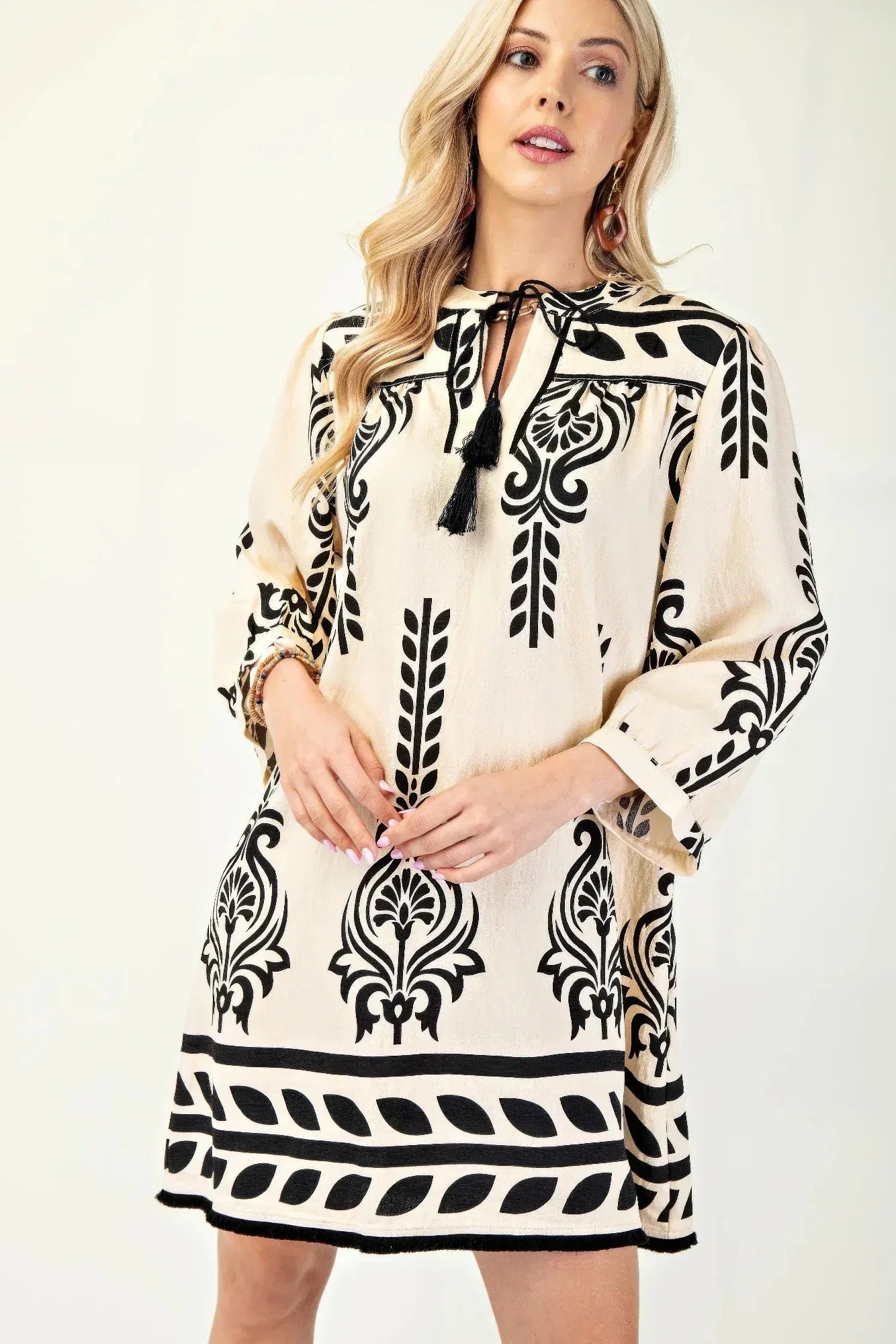 White 3/4 Sleeve Boho Mini Dress - DAVERRI FASHIONS