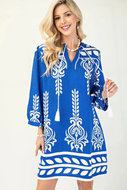 Blue 3/4 Sleeve Boho Mini Dress - DAVERRI FASHIONS