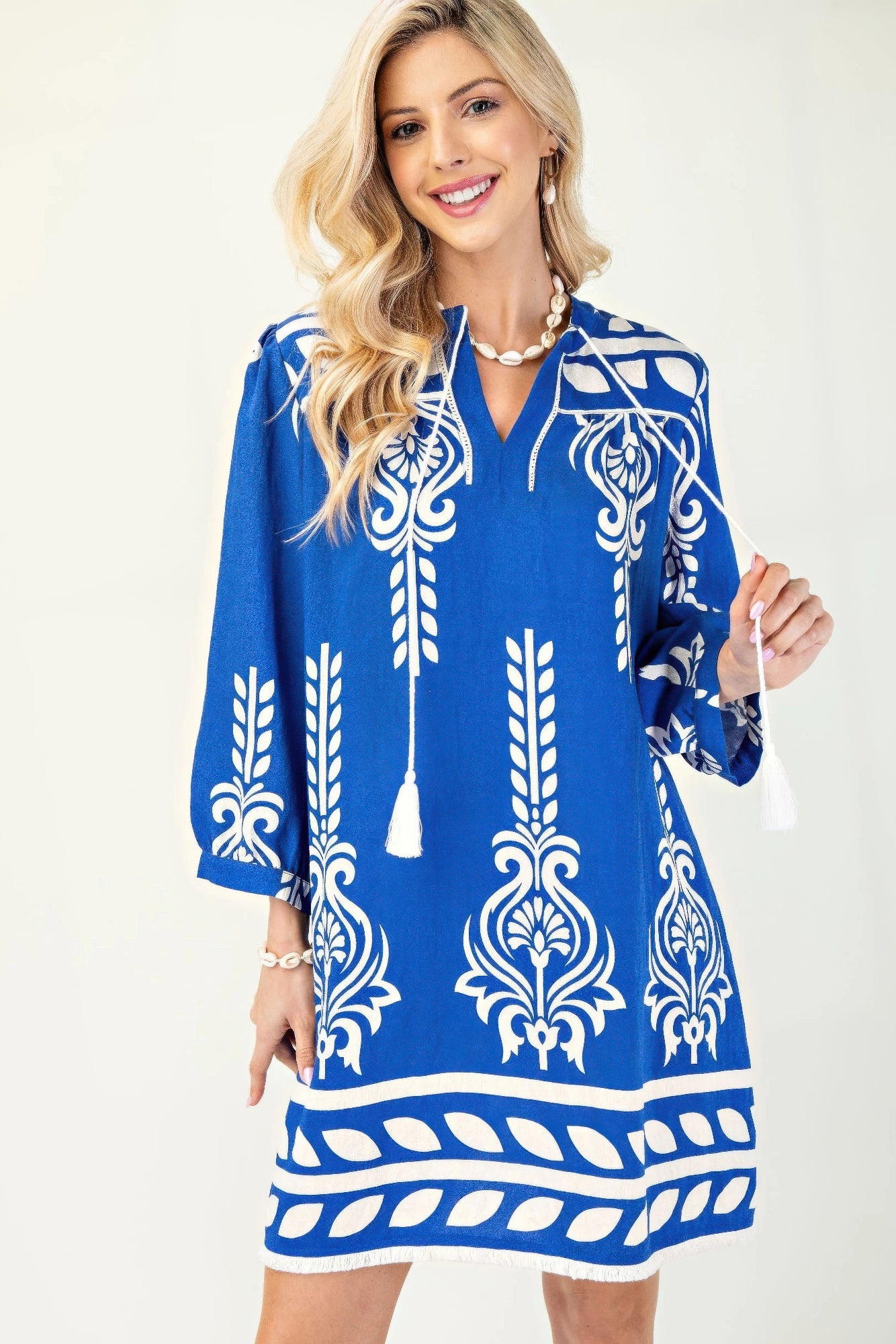 Blue 3/4 Sleeve Boho Mini Dress Blue Mini Dresses