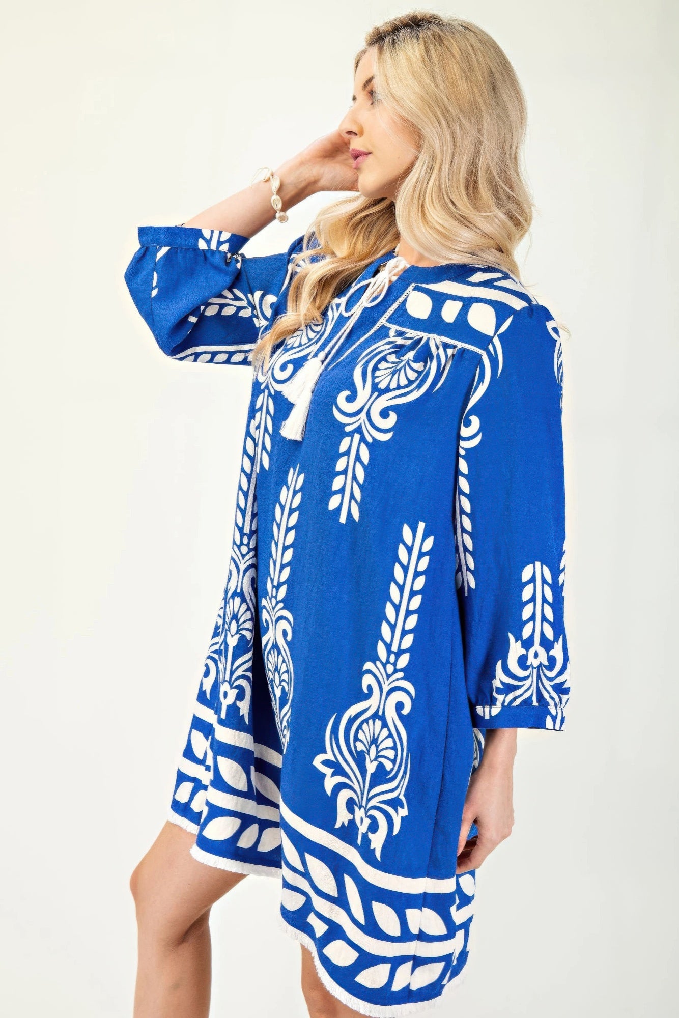 Blue 3/4 Sleeve Boho Mini Dress Mini Dresses