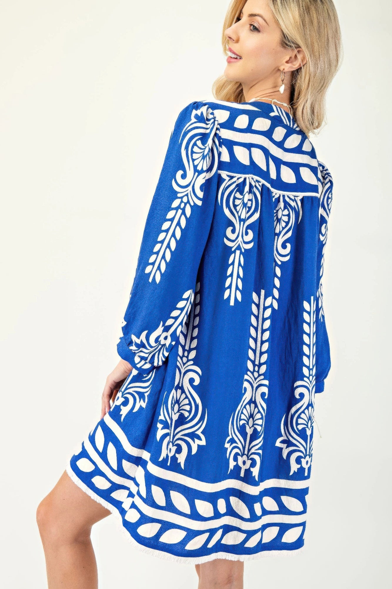 Blue 3/4 Sleeve Boho Mini Dress Mini Dresses