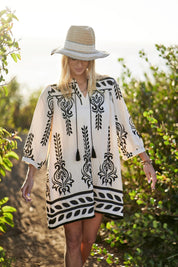 White 3/4 Sleeve Boho Mini Dress | Mini Dresses Daverri Fashions