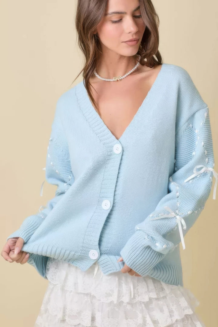 Hand Sewn Satin Ribbon Detail On Sleeve Baby Blue Cardigan L Cardigans