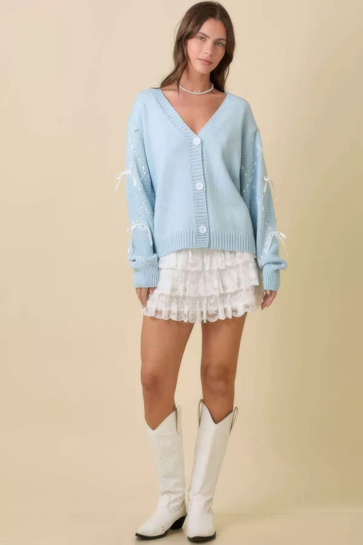 Hand Sewn Satin Ribbon Detail On Sleeve Baby Blue Cardigan Cardigans
