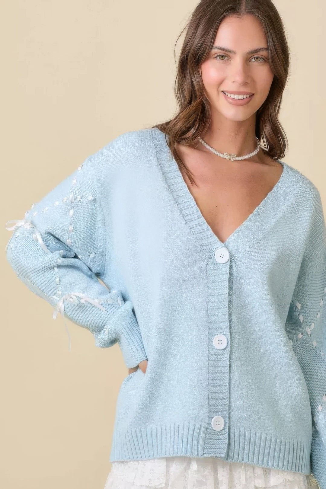 Hand Sewn Satin Ribbon Detail On Sleeve Baby Blue Cardigan Cardigans