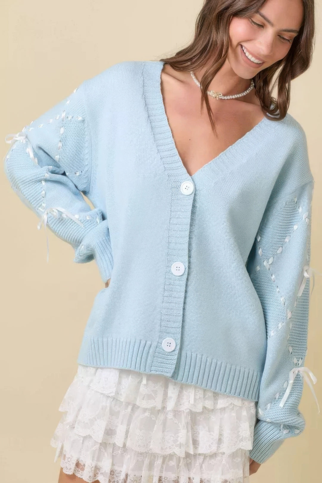 Hand Sewn Satin Ribbon Detail On Sleeve Baby Blue Cardigan Cardigans