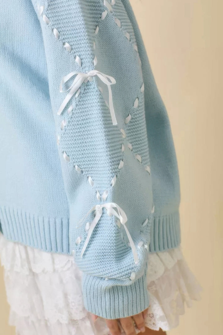 Hand Sewn Satin Ribbon Detail On Sleeve Baby Blue Cardigan Cardigans
