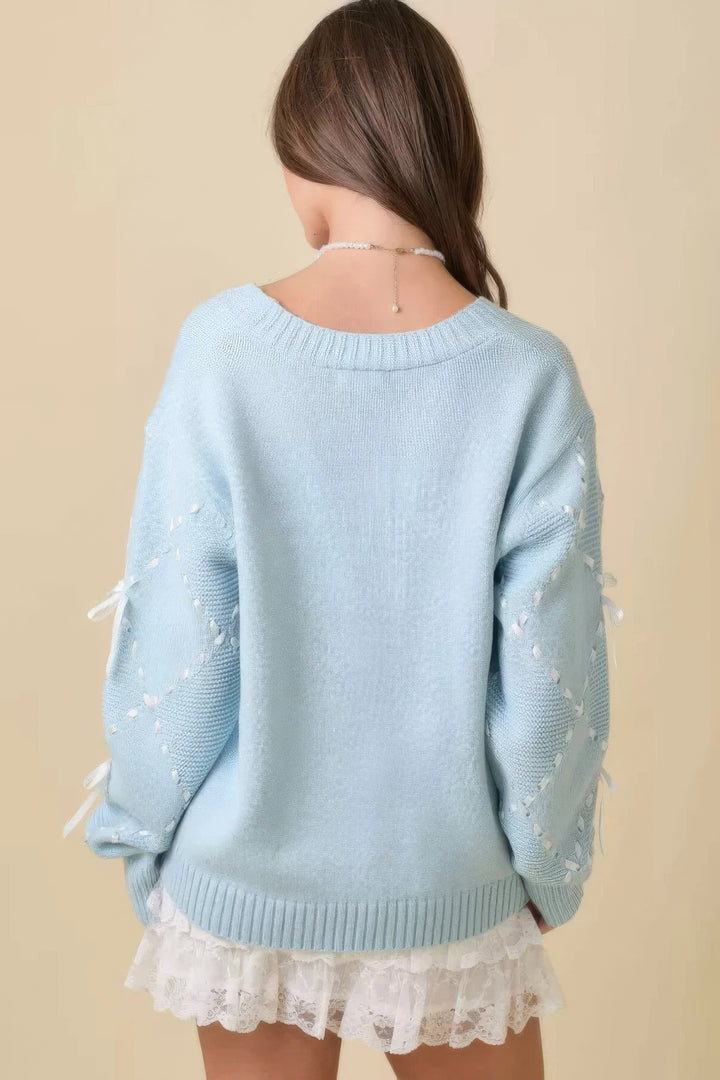 Hand Sewn Satin Ribbon Detail On Sleeve Baby Blue Cardigan Cardigans