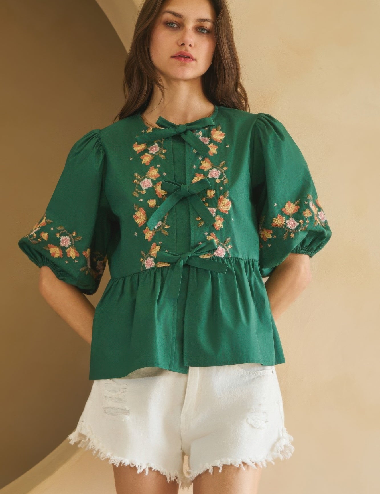 L Hunter Green Poplin Front Ribbon Tie Blouse | Blouses Daverri Fashions