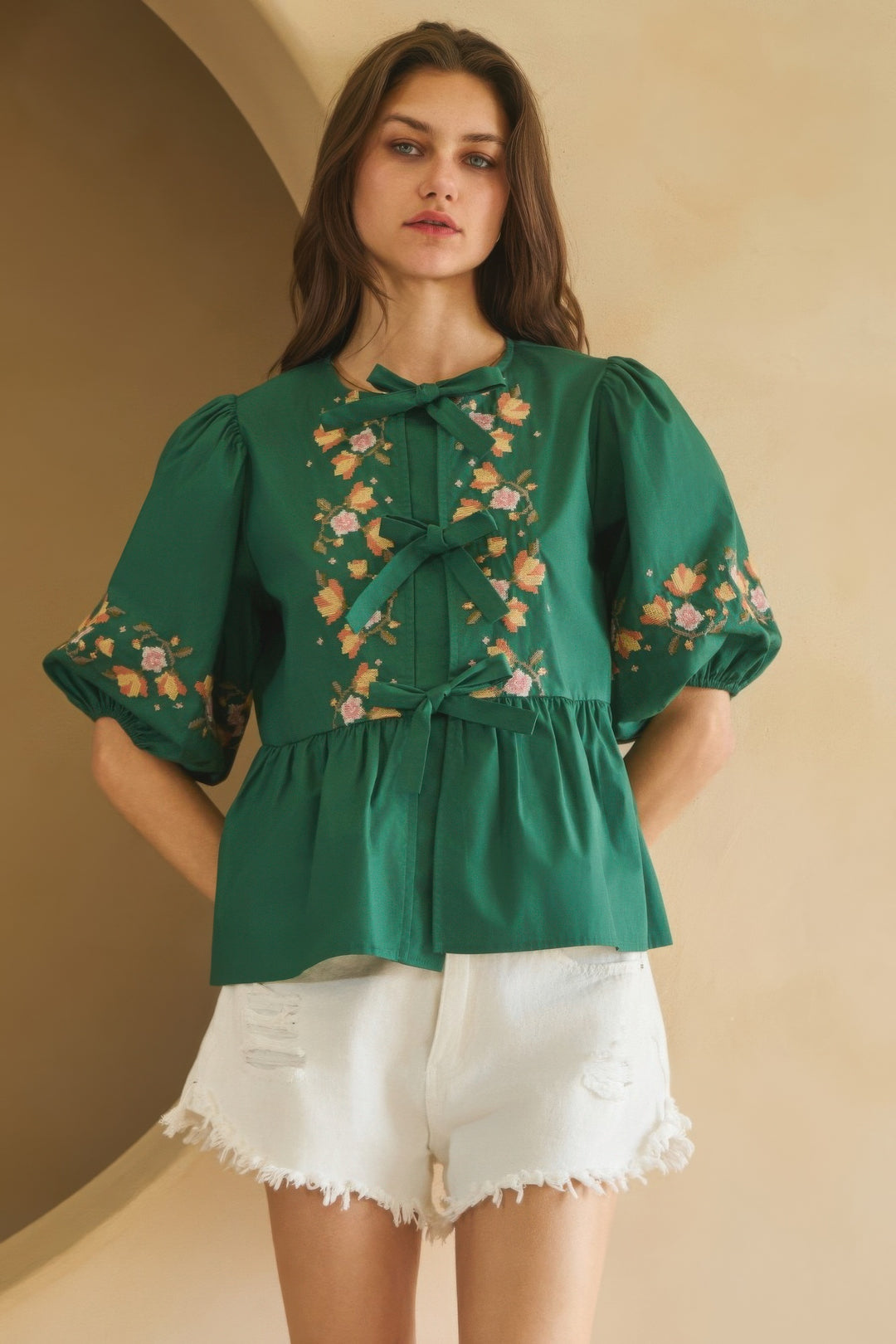 Hunter Green Poplin Front Ribbon Tie Blouse L Blouses