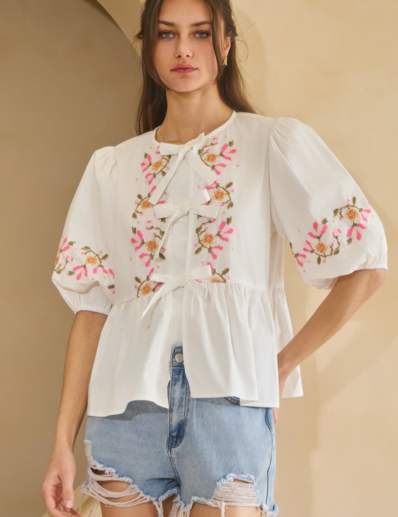 L Off White Poplin Front Ribbon Tie Blouse | Blouses Daverri Fashions