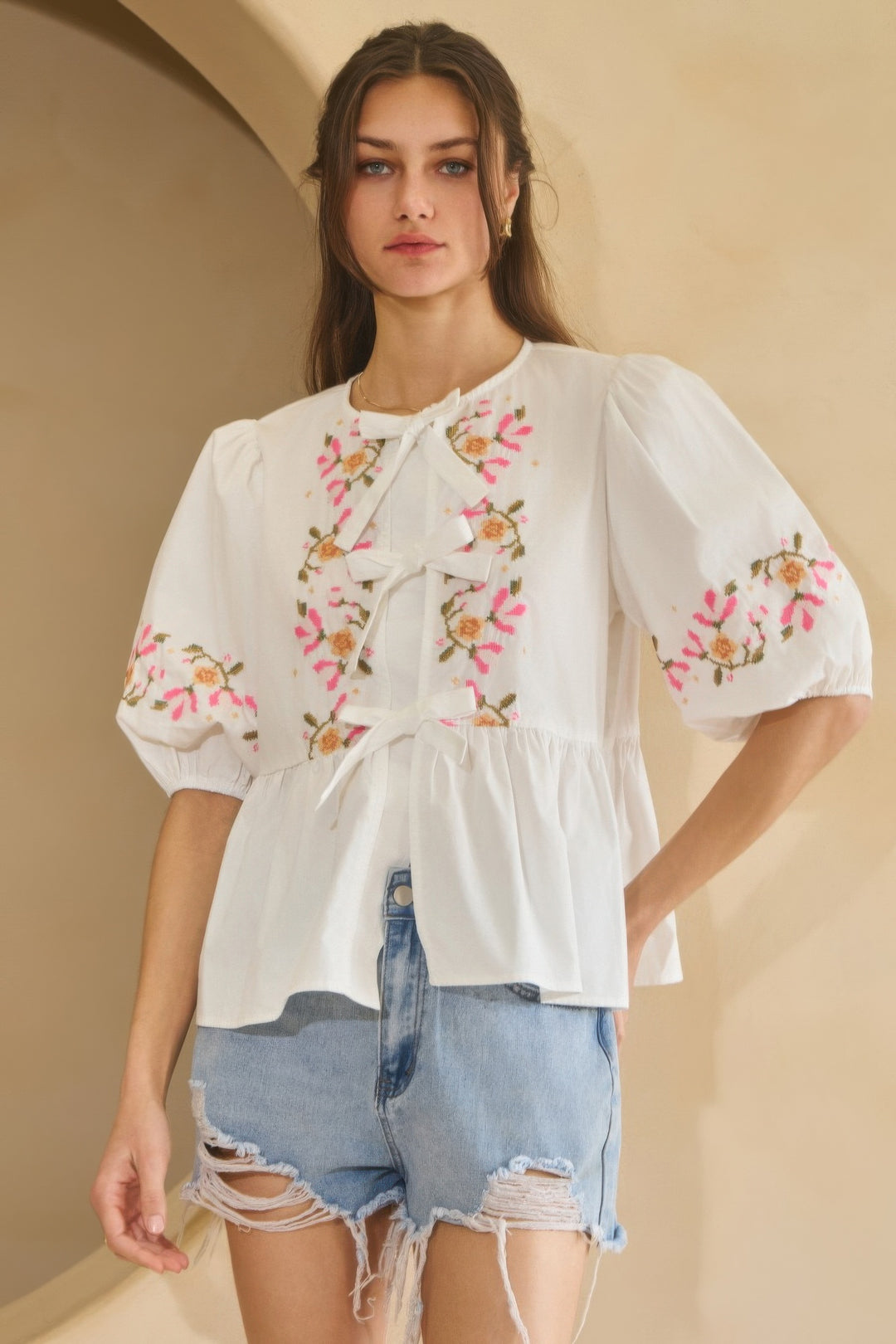 Off White Poplin Front Ribbon Tie Blouse L Blouses