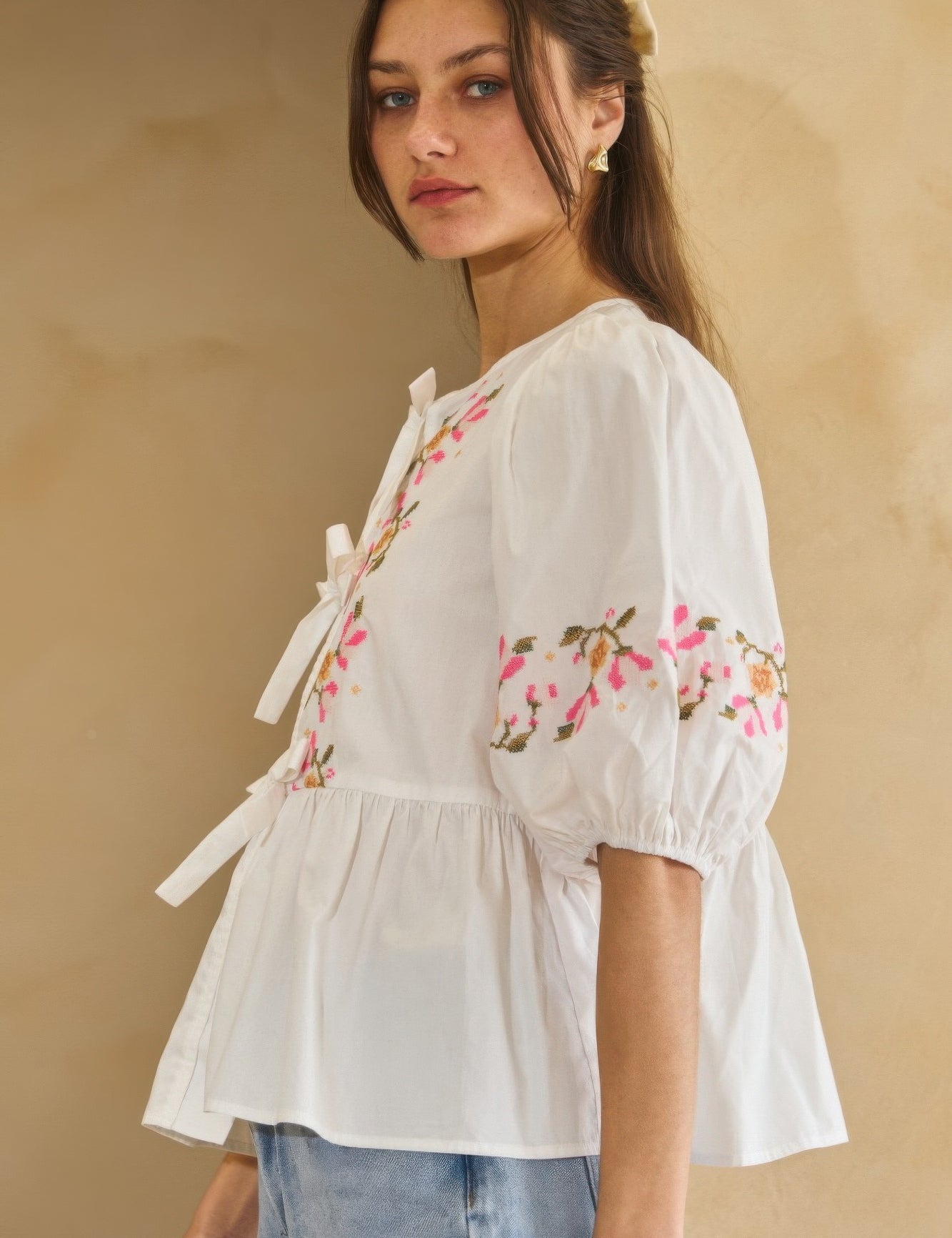 Off White Poplin Front Ribbon Tie Blouse | Blouses Daverri Fashions