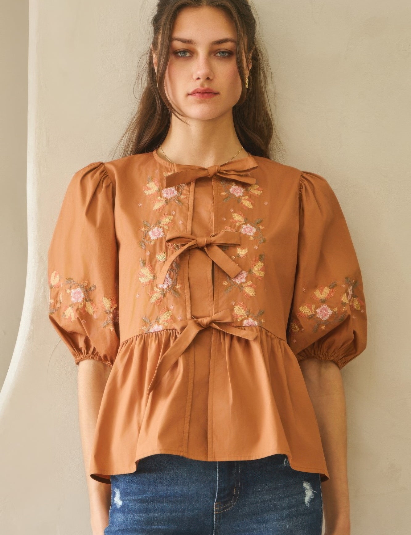 L Chestnut Brown Poplin Front Ribbon Tie Blouse | Blouses Daverri Fashions