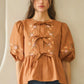 Chestnut Brown Poplin Front Ribbon Tie Blouse - DAVERRI FASHIONS