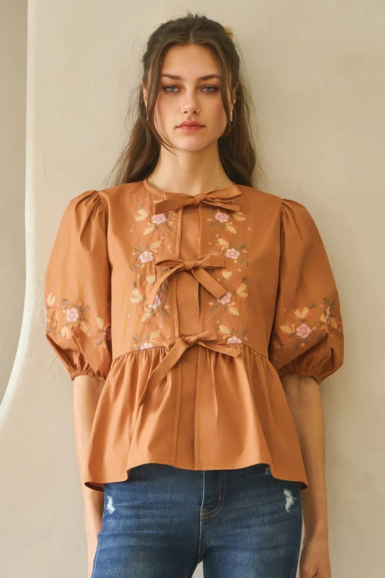 Chestnut Brown Poplin Front Ribbon Tie Blouse - DAVERRI FASHIONS