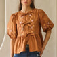 Chestnut Brown Poplin Front Ribbon Tie Blouse - DAVERRI FASHIONS