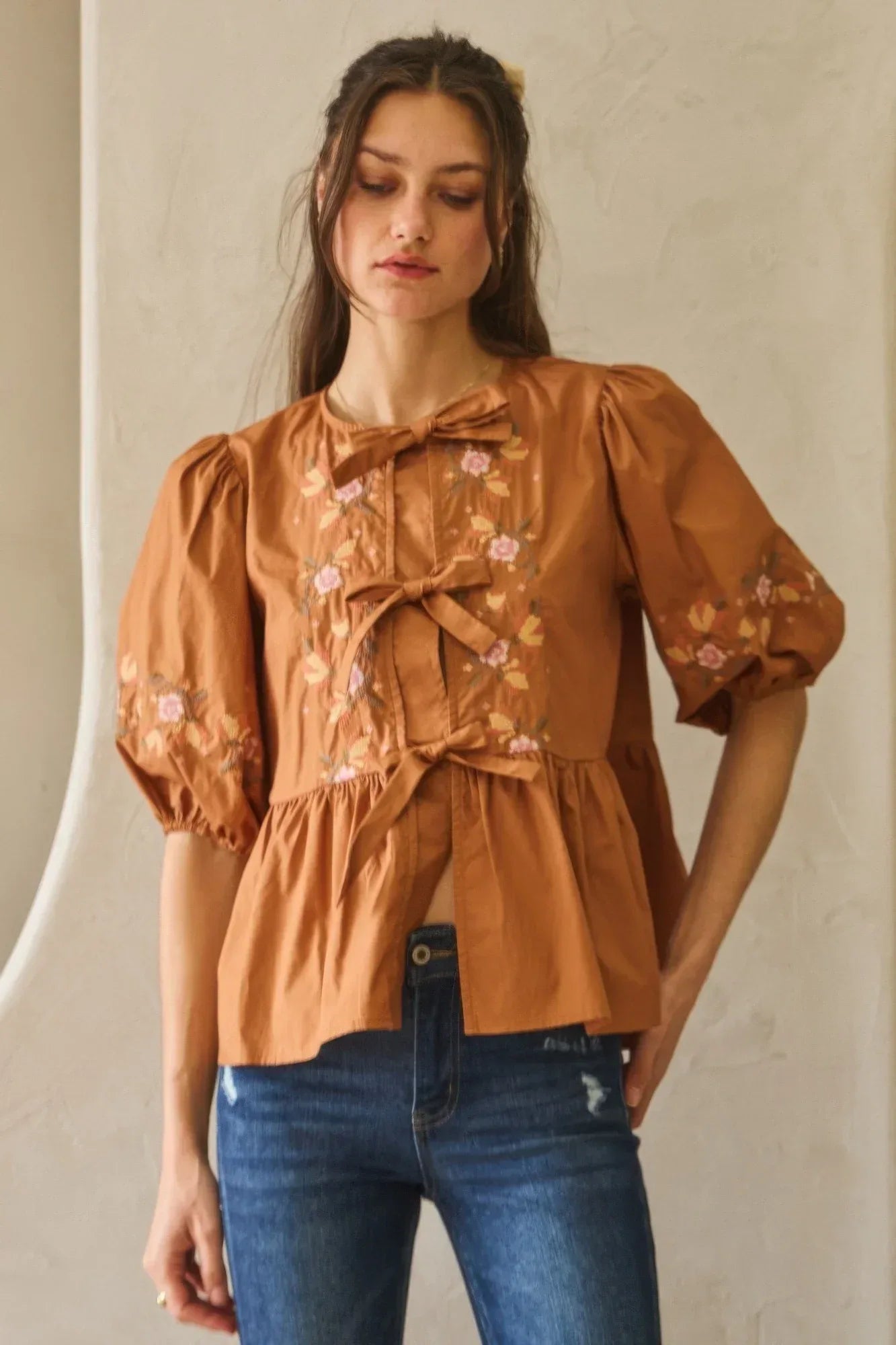 Chestnut Brown Poplin Front Ribbon Tie Blouse - DAVERRI FASHIONS