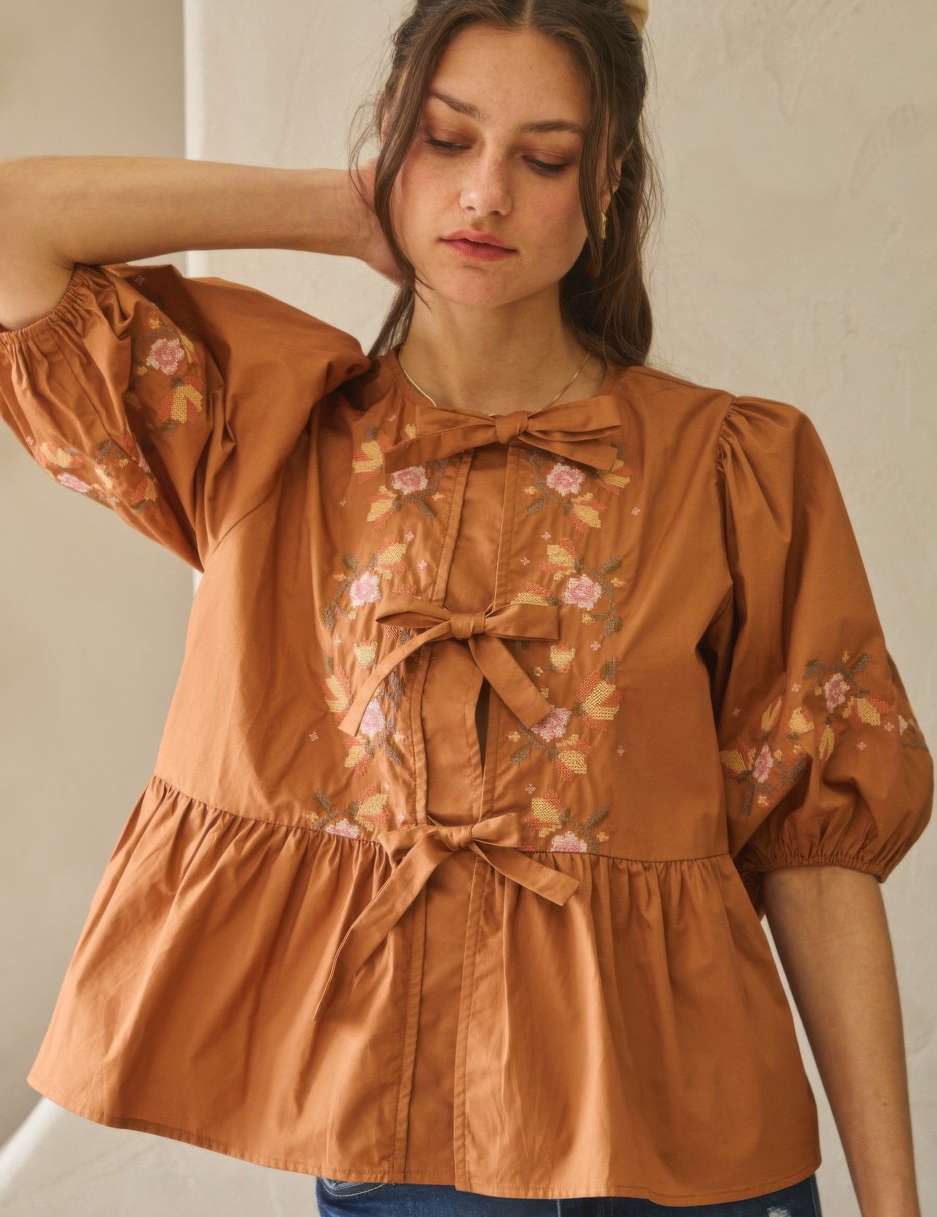 Chestnut Brown Poplin Front Ribbon Tie Blouse | Blouses Daverri Fashions