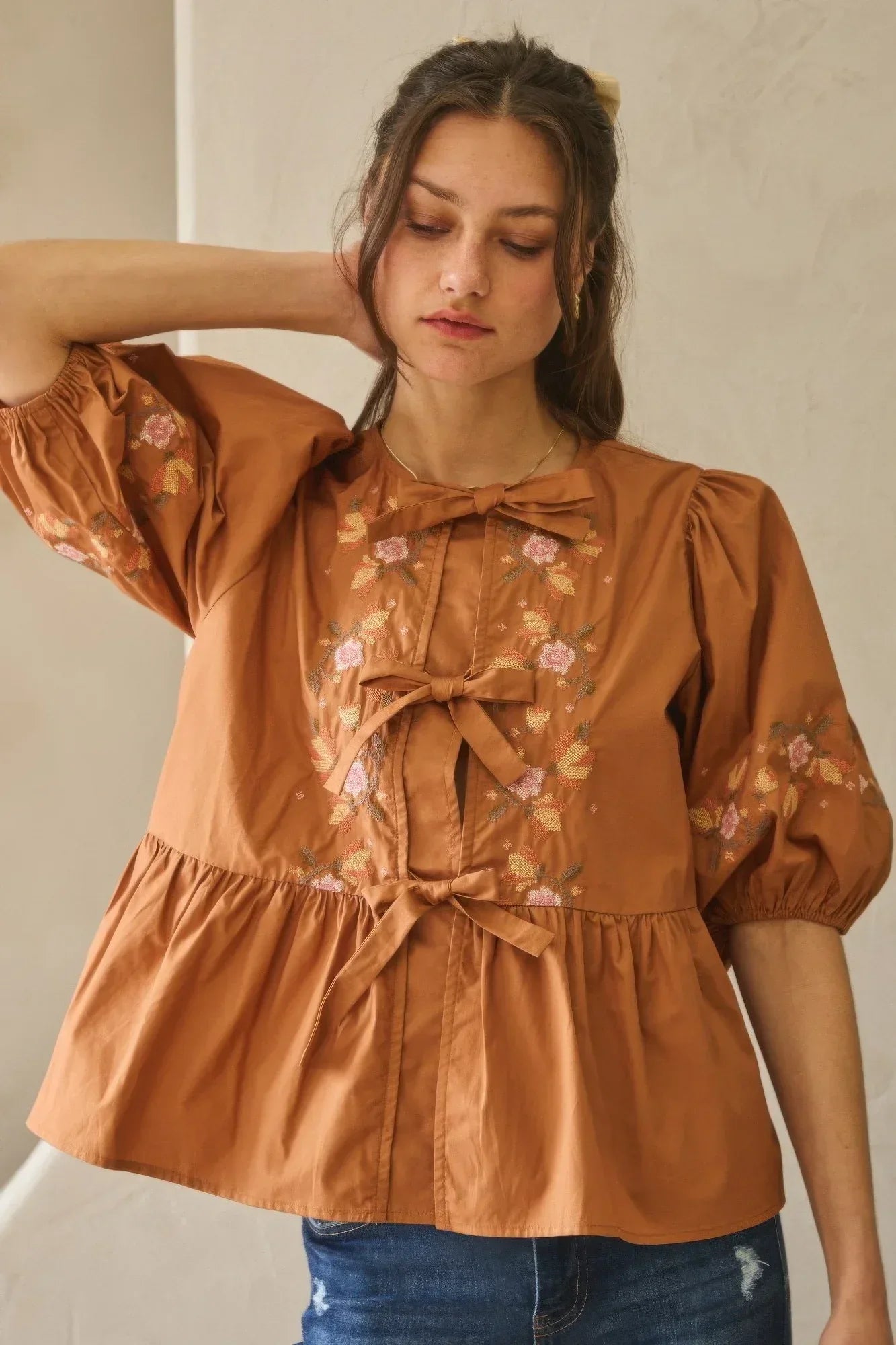 Chestnut Brown Poplin Front Ribbon Tie Blouse - DAVERRI FASHIONS