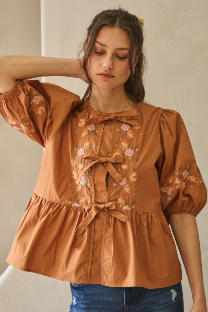 Chestnut Brown Poplin Front Ribbon Tie Blouse Blouses
