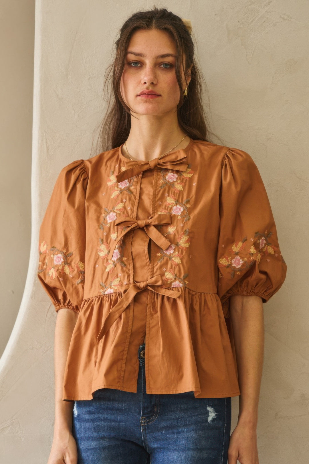Chestnut Brown Poplin Front Ribbon Tie Blouse Blouses