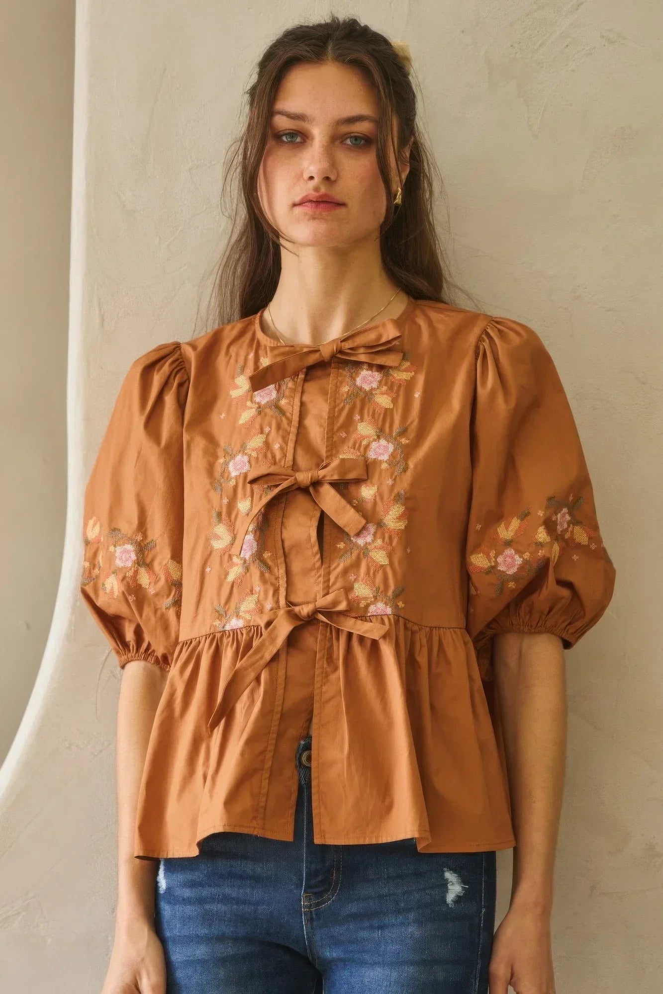 Chestnut Brown Poplin Front Ribbon Tie Blouse - DAVERRI FASHIONS