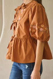 Chestnut Brown Poplin Front Ribbon Tie Blouse | Blouses Daverri Fashions