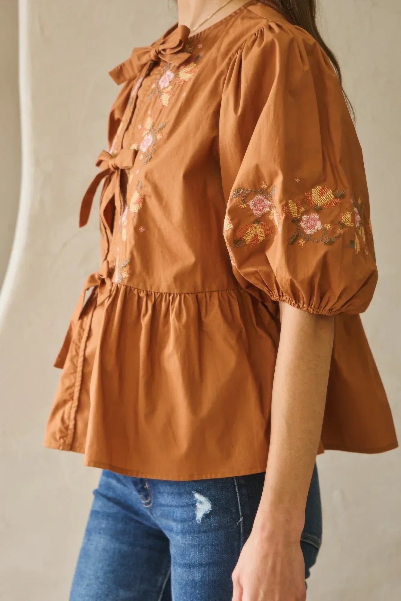 Chestnut Brown Poplin Front Ribbon Tie Blouse - DAVERRI FASHIONS