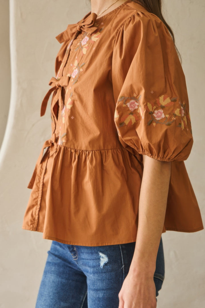 Chestnut Brown Poplin Front Ribbon Tie Blouse Blouses