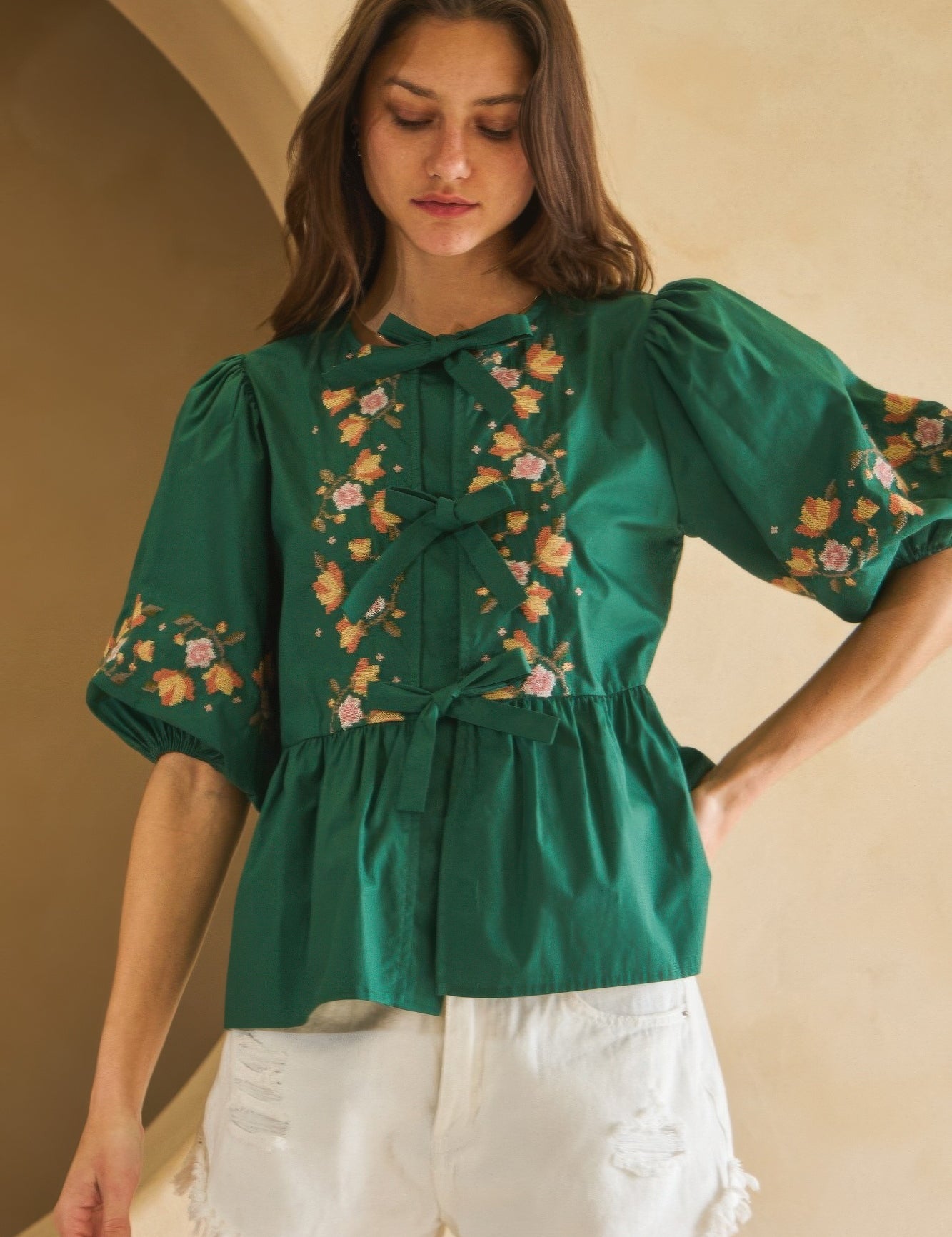 Hunter Green Poplin Front Ribbon Tie Blouse | Blouses Daverri Fashions
