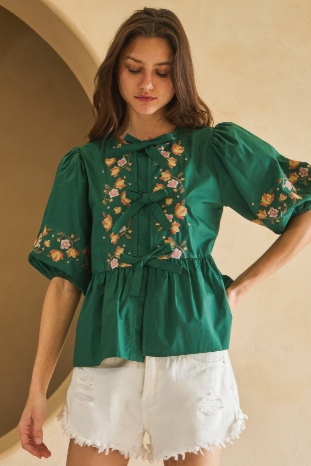 Hunter Green Poplin Front Ribbon Tie Blouse Blouses