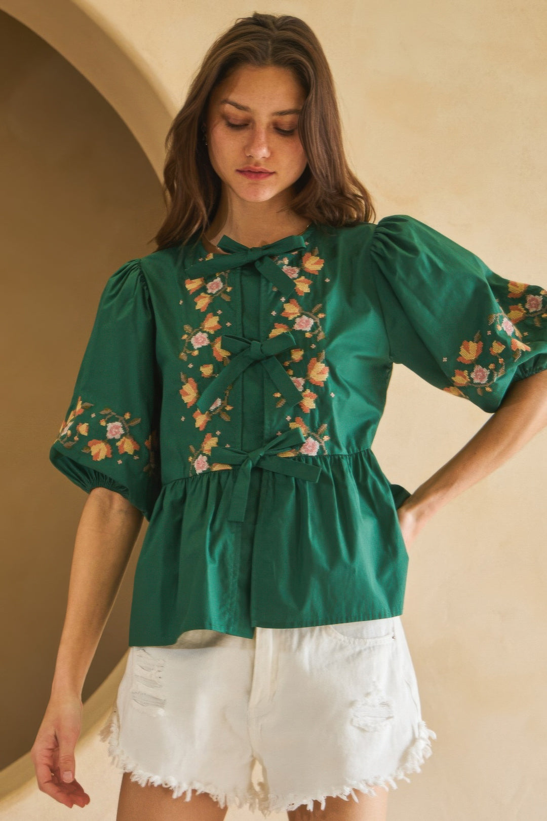 Hunter Green Poplin Front Ribbon Tie Blouse Blouses