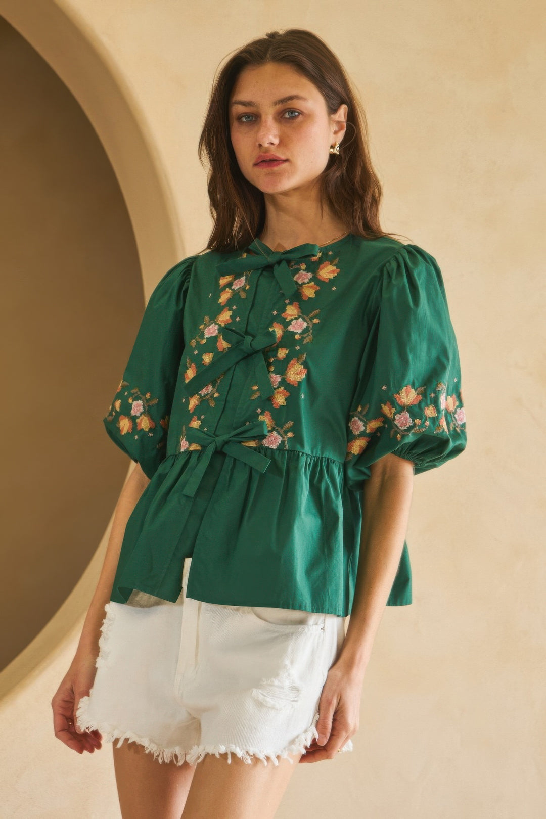 Hunter Green Poplin Front Ribbon Tie Blouse Blouses