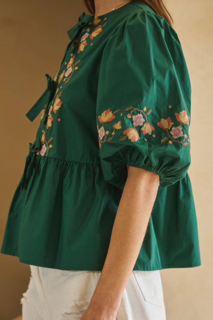 Hunter Green Poplin Front Ribbon Tie Blouse Blouses