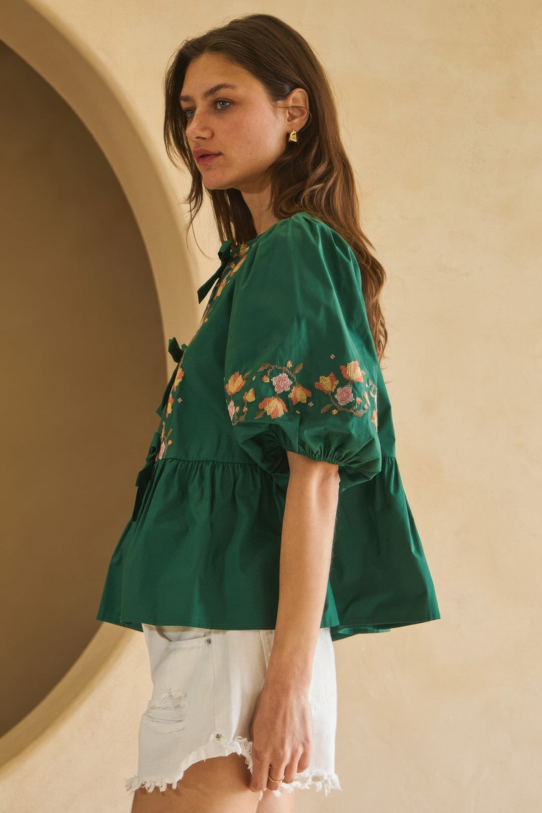 Hunter Green Poplin Front Ribbon Tie Blouse Blouses