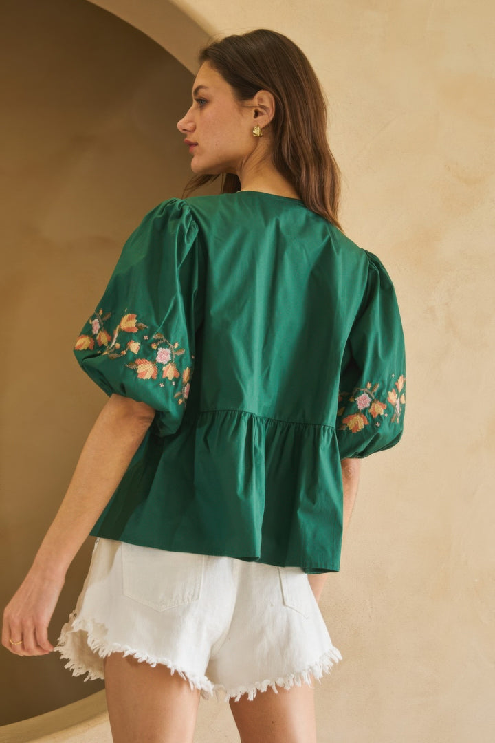 Hunter Green Poplin Front Ribbon Tie Blouse Blouses