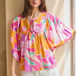Geo Floral Printed Batwing Sleeve Top L Tops