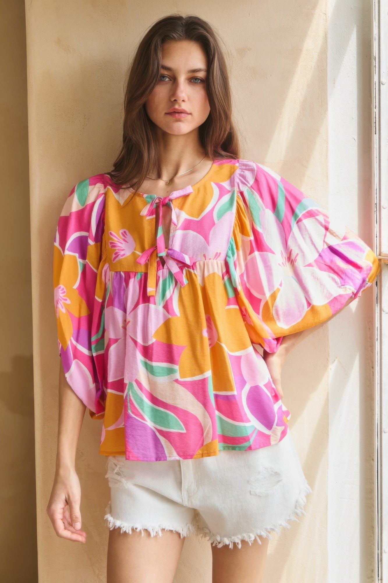 Geo Floral Printed Batwing Sleeve Top L Tops