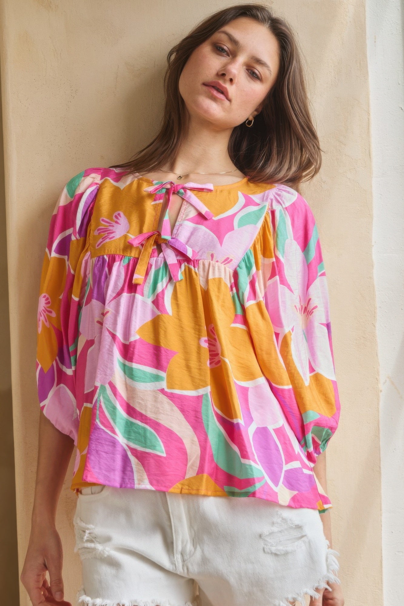 Geo Floral Printed Batwing Sleeve Top Tops