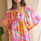 Geo Floral Printed Batwing Sleeve Top Tops