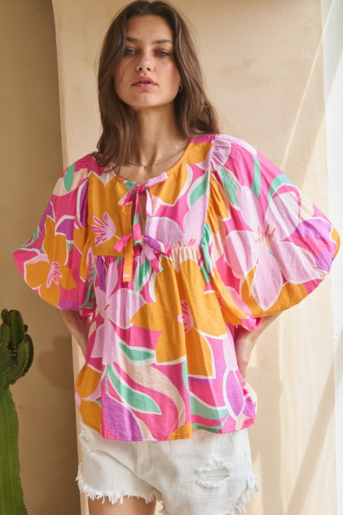 Geo Floral Printed Batwing Sleeve Top Tops