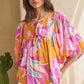 Geo Floral Printed Batwing Sleeve Top Tops