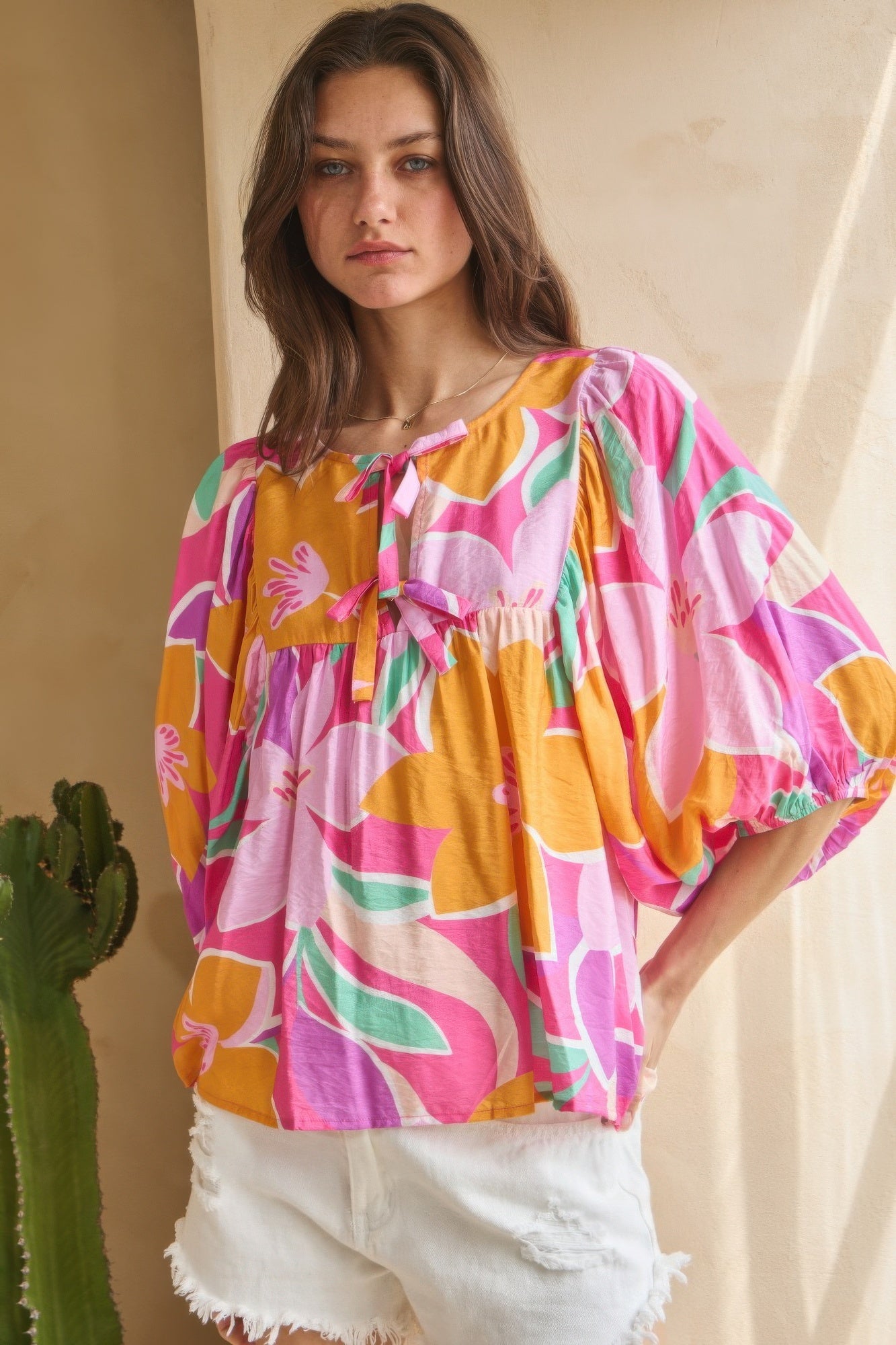 Geo Floral Printed Batwing Sleeve Top Tops