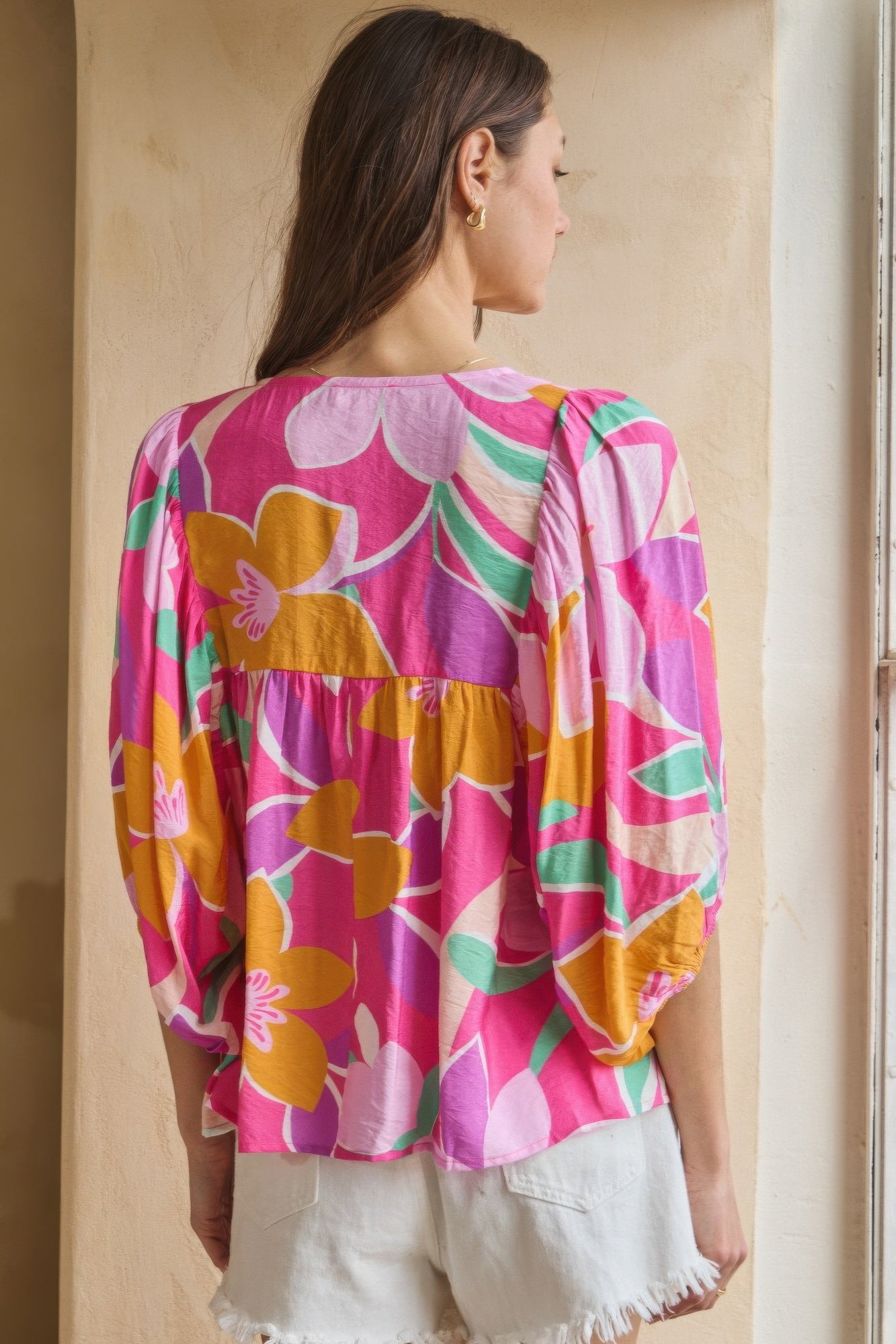 Geo Floral Printed Batwing Sleeve Top Tops