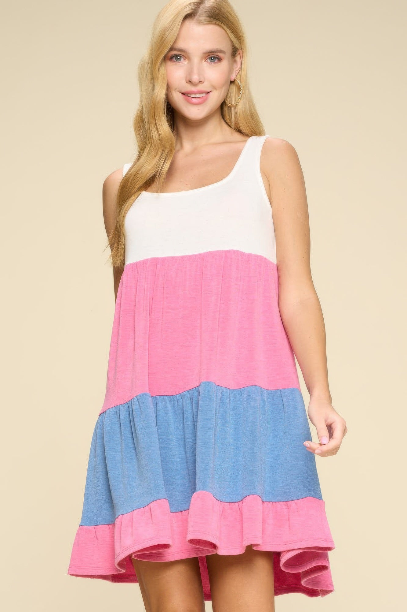 Pink MulticolorColor Block Babydoll Dress L Mini Dresses